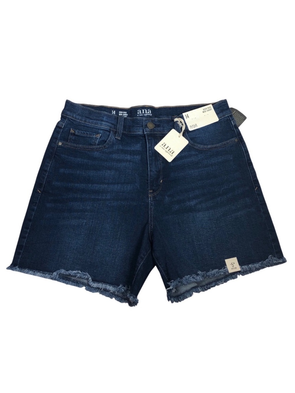 ana Cotton Blend Blue Wash Distress Cuffed Fringe High Rise Midi Jean‎ Shorts 14